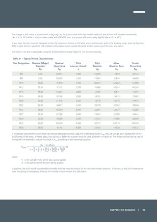 COPPER FOR BUSBARS | 97
The change in bolt stress is proportional to (αa -αb ) so, for a joint made with high tensile steel bolt, the tension will increase considerably
(Da = 5.5 x 10-6
) while, if the joint were made with CW307G bolts, the tension will reduce only slightly (Da = -0.3 x 10-6
).
In any case, the joint must be designed so that the maximum tension in the bolts, at any temperature within the working range, must be less than
95% of yield stress to avoid the risk of plastic deformation which would ultimately lead to loosening of the joint and failure.
The stress in the bolt is calculated using the Tensile Stress Area (see Table 21), not the nominal area.
Table 21 – Typical Thread Characteristics
Size Designation Nominal (Major)
Diameter
Dn
Nominal
Shank Area
An
Pitch
(mm per thread)
p
Pitch
Diameter
dp
Minor
Diameter Area
As
Tensile
Stress Area
Ats
M6 6.00 28.274 1.000 5.3505 17.894 20.123
M8 8.00 50.265 1.250 7.1881 32.841 36.609
M10 10.00 78.540 1.500 9.0257 52.292 57.990
M12 12.00 113.10 1.750 10.863 76.247 84.267
M14 14.00 153.94 2.000 12.701 104.71 115.44
M16 16.00 201.06 2.000 14.701 144.12 156.67
M20 20.00 314.16 2.500 18.376 225.19 244.79
M22 22.00 380.13 2.500 20.376 281.53 303.40
M24 24.00 452.39 3.000 22.051 324.27 352.50
M27 27.00 572.56 3.000 25.051 427.09 459.41
M30 30.00 706.86 3.500 27.727 518.99 560.59
M33 33.00 855.30 3.500 30.727 647.19 693.55
M36 36.00 1017.9 4.000 33.402 759.28 816.72
If the design requirement is such that high tensile steel bolts must be used, the incremental force, Fsupp, may be so high as to exceed 95% of the
proof stress of the bolts. In these cases, disc-spring, or Belleville, washers must be used, as shown in Figure 70. The height and the spring rate of
the washer are selected to reduce the value of Fsupp according to the following equation:
	
where:
h 	 is the overall height of the disc-spring washer
K 	 is the spring rate of the disc-spring washer.
In practice, the joint would be assembled normally with the required torque for the required contact pressure. In service, as the joint temperature
rises, the spring is compressed, limiting the increase in bolt tension to a safe value.
 