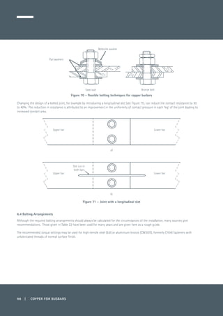 98 | COPPER FOR BUSBARS
Figure 70 - Possible bolting techniques for copper busbars
Changing the design of a bolted joint, for example by introducing a longitudinal slot (see Figure 71), can reduce the contact resistance by 30
to 40%. The reduction in resistance is attributed to an improvement in the uniformity of contact pressure in each ‘leg’ of the joint leading to
increased contact area.
Figure 71 – Joint with a longitudinal slot
6.4 Bolting Arrangements
Although the required bolting arrangements should always be calculated for the circumstances of the installation, many sources give
recommendations. Those given in Table 22 have been used for many years and are given here as a rough guide.
The recommended torque settings may be used for high-tensile steel (8.8) or aluminium bronze (CW307G, formerly C104) fasteners with
unlubricated threads of normal surface finish.
Belleville washer
Cu
Cu
Steel bolt
Flat washers
Bronze bolt
Cu
Cu
Upper bar
Upper bar
Lower bar
Lower bar
a)
b)
Slot cut in
both bars
 