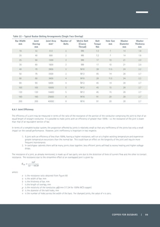 COPPER FOR BUSBARS | 99
Table 22 - Typical Busbar Bolting Arrangements (Single Face Overlap)
Bar Width
mm
Joint
Overlap
mm
Joint Area
mm²
Number of
Bolts
Metric Bolt
(Coarse
Thread)
Bolt
Torque
Nm
Hole Size
mm
Washer
Diameter
mm
Washer
Thickness
mm
16 32 512 2 M6 7.2 7 14 1.8
20 40 800 2 M6 7.2 7 14 1.8
25 60 1500 2 M8 17 10 21 2.0
30 60 1800 2 M8 17 10 21 2.0
40 70 2800 2 M10 28 11.5 24 2.2
50 70 3500 2 M12 45 14 28 2.7
60 60 3600 4 M10 28 11.5 24 2.2
80 80 6400 4 M12 45 14 28 2.7
100 100 10000 5 M12 45 15 28 2.7
120 120 14400 5 M12 45 15 28 2.7
160 160 25600 6 M16 91 20 28 2.7
200 200 40000 8 M16 91 20 28 2.7
6.4.1 Joint Efficiency
The efficiency of a joint may be measured in terms of the ratio of the resistance of the portion of the conductor comprising the joint to that of an
equal length of straight conductor. It is possible to make joints with an efficiency of greater than 100% - i.e. the resistance of the joint is lower
than that of an equivalent section of bar.
In terms of a complete busbar system, the proportion affected by joints is relatively small so that any inefficiency of the joints has only a small
impact on the overall performance. However, joint inefficiency is important in two respects:
1.	 A joint with an efficiency of less than 100%, having a higher resistance, will run at a higher working temperature and experience
greater temperature excursions than the normal bar. This could have an effect on the longevity of the joint and require more
frequent maintenance.
2.	 In switchgear cabinets there will be many joints close together; less efficient joints will lead to excess heating and higher voltage
drops.
The resistance of a joint, as already mentioned, is made up of two parts, one due to the distortion of lines of current flow and the other to contact
resistance. The resistance due to the streamline effect at an overlapped joint is given by:
	
where:
e 	 is the resistance ratio obtained from Figure 69
a 	 is the width of bar, mm
b 	 is the thickness of bar, mm
l 	 is the length of overlap, mm
r 	 is the resistivity of the conductor, mW mm (17.24 for 100% IACS copper)
d 	 is the diameter of the bolt holes, mm
n 	 is the number of holes across the width of the bars. For clamped joints, the value of n is zero.
 