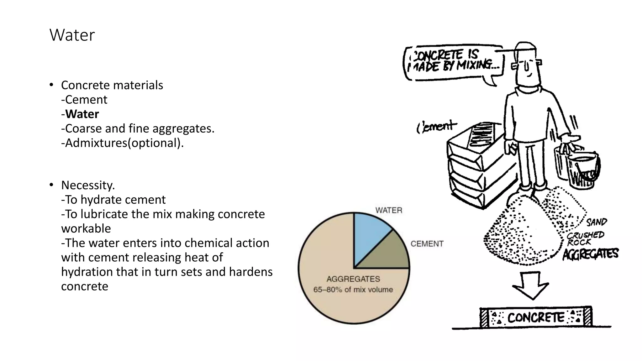 Water
• Concrete materials
-Cement
-Water
-Coarse and fine aggregates.
-Admixtures(optional).
• Necessity.
-To hydrate cement
-To lubricate the mix making concrete
workable
-The water enters into chemical action
with cement releasing heat of
hydration that in turn sets and hardens
concrete
 