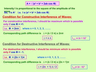 A = √ (a2
+ b2
+ 2ab cos Φ)
Intensity I is proportional to the square of the amplitude of the
wave.So, I α A2
i.e. I α (a2
+ b2
+ 2ab cos Φ)
Condition for Constructive Interference of Waves:
For constructive interference, I should be maximum which is possible
only if cos Φ = +1.
i.e. Φ = 2nπ
Corresponding path difference is ∆ = (λ / 2 π) x 2nπ
where n = 0, 1, 2, 3, …….
∆ = n λ
Condition for Destructive Interference of Waves:
For destructive interference, I should be minimum which is possible
only if cos Φ = - 1.
i.e. Φ = (2n + 1)π
Corresponding path difference is ∆ = (λ / 2 π) x (2n + 1)π
where n = 0, 1, 2, 3, …….
∆ = (2n + 1) λ / 2
Imax α (a + b)2
Iminα (a - b)2
 