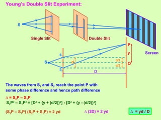Young’s Double Slit Experiment:
•
S
S• O
P
D
S1
S2
d
y
d/2
d/2
Single Slit Double Slit
Screen
The waves from S1 and S2 reach the point P with
some phase difference and hence path difference
∆ = S2P – S1P
S2P2
– S1P2
= [D2
+ {y + (d/2)}2
] - [D2
+ {y - (d/2)}2
]
(S2P – S1P) (S2P + S1P) = 2 yd ∆ (2D) = 2 yd ∆ = yd / D
 
