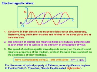 0
Electromagnetic Wave:
X
E0
B0
Y
Z
Wave is propagating along X – axis with speed c = 1 / √μ0ε0
For discussion of optical property of EM wave, more significance is given
to Electric Field, E. Therefore, Electric Field is called ‘light vector’.
1. Variations in both electric and magnetic fields occur simultaneously.
Therefore, they attain their maxima and minima at the same place and at
the same time.
2. The direction of electric and magnetic fields are mutually perpendicular
to each other and as well as to the direction of propagation of wave.
3. The speed of electromagnetic wave depends entirely on the electric and
magnetic properties of the medium, in which the wave travels and not on
the amplitudes of their variations.
 