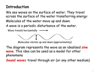 Introduction
We see waves on the surface of water. They travel
across the surface of the water transferring energy:
Molecules of the water move up and down.
A wave is a periodic disturbance of the water.
Wave travels horizontally
Molecules vibrate up and down (approximately)
The diagram represents the wave as an idealised sine
wave. This idea can be used as a model for other
phenomena
Sound waves travel through air (or any other medium)
2
 