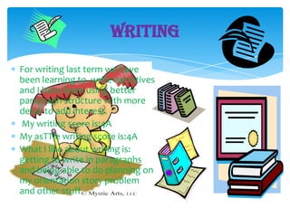 Writing
For writing last term we have
been learning to write narratives
and I have been using better
paragraph structure with more
detail to add interest.
My writing score is:4A
My asTTle writing score is:4A
What I like about writing is:
getting to write in paragraphs
and being able to do planning on
my orientation story problem
and other stuff.
 