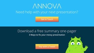 Download a free summary one-pager
Need help with your next presentation?
Get in Touch
Pay with a Tweet
3 Ways to fix your messy presentation
 