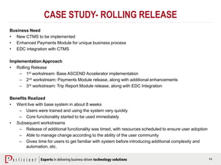 14
CASE STUDY- ROLLING RELEASE
Business Need
• New CTMS to be implemented
• Enhanced Payments Module for unique business process
• EDC integration with CTMS
Implementation Approach
• Rolling Release
– 1st workstream: Base ASCEND Accelerator implementation
– 2nd workstream: Payments Module release, along with additional enhancements
– 3rd workstream: Trip Report Module release, along with EDC Integration
Benefits Realized
• Went live with base system in about 8 weeks
– Users were trained and using the system very quickly
– Core functionality started to be used immediately
• Subsequent workstreams
– Release of additional functionality was timed, with resources scheduled to ensure user adoption
– Able to manage change according to the ability of the user community
– Gives time for users to get familiar with system before introducing additional complexity and
automation, etc.
 