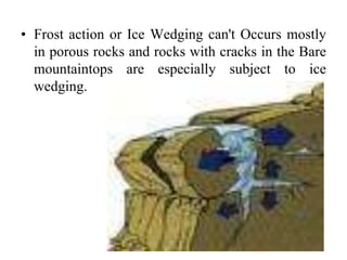 • Frost action or Ice Wedging can't Occurs mostly
in porous rocks and rocks with cracks in the Bare
mountaintops are especially subject to ice
wedging.
 