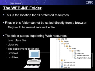 The WEB-INF Folder This is the location for all protected resources.  Files in this folder cannot be called directly from a browser. They would be invoked from another file The folder stores supporting Web resources: Java .class files Libraries The deployment descriptor .xmi files .xml files 