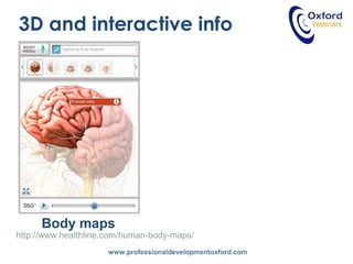 www.professionaldevelopmentoxford.com
3D and interactive info
http://www.healthline.com/human-body-maps/
Body maps
 