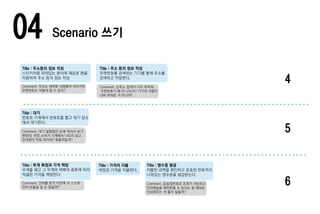 04 Scenario 쓰기
Title : 주소등의 정보 작성
스티커처럼 되어있는 종이에 제공된 펜을
이용하여 주소 등의 정보 작성
Comment. 주소는 대부분 사람들이 외우지만
우편번호는 어떻게 알 수 있지?
Title : 주소 등의 정보 작성
우편번호를 검색하는 기기를 통해 주소를
검색하고 작성한다.
Comment. 신주소 검색이 너무 어려워.
우편번호가 왜 안 나오지? 기기의 사용이
너무 어려운 거 아니야?
Title : 대기
번호표 기계에서 번호표를 뽑고 대기 장소
에서 대기한다.
Comment. 대기 알림창은 눈에 띄어서 보기
편한데, 번호 소리가 기계에서 나오지 않고
안내원이 직접 외치네? 효율적일까?
Title : 무게 측정과 가격 책정
무게를 재고 그 무게와 택배의 종류에 따라
적절한 가격을 책정한다.
Comment. 안내를 받기 이전에 나 스스로
먼저 비용을 알 순 없을까?
Title : 가격의 지불
책정된 가격을 지불한다.
Title : 영수증 발급
지불한 금액을 확인하고 운송장 번호까지
나와있는 영수증을 발급받는다.
Comment. 운송장번호로 조회가 가능하고
안전배송을 확인받을 수 있다는 걸 제대로
안내해주는 게 좋지 않을까?
4
5
6
 