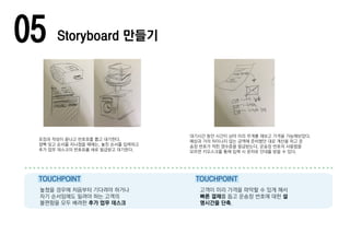 05 Storyboard 만들기
포장과 작성이 끝나고 번호표를 뽑고 대기한다.
깜빡 잊고 순서를 지나쳤을 때에는, 놓친 순서를 입력하고
추가 업무 데스크의 번호표를 새로 발급받고 대기한다.
대기시간 동안 시간이 남아 미리 무게를 재보고 가격을 가늠해보았다.
예상과 거의 차이나지 않는 금액에 준비했던 대로 계산을 하고 운
송장 번호가 적힌 영수증을 발급받는다. 운송장 번호의 사용법을
모르면 키오스크를 통해 입력 시 문자로 안내를 받을 수 있다.
놓쳤을 경우에 처음부터 기다려야 하거나
자기 순서임에도 밀려야 하는 고객의
불편함을 모두 배려한 추가 업무 데스크
고객이 미리 가격을 파악할 수 있게 해서
빠른 결제를 돕고 운송장 번호에 대한 설
명시간을 단축.
TOUCHPOINT TOUCHPOINT
 