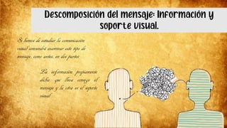 Descomposición del mensaje: Información y
soporte visual.
Si hemos de estudiar la comunicación
visual convendrá examinar este tipo de
mensaje, como antes, en dos partes
La información propiamente
dicha, que lleva consigo el
mensaje y la otra es el soporte
visual
 