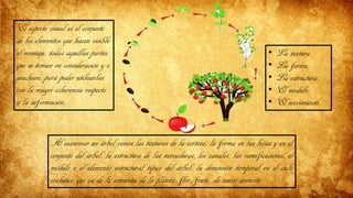 El soporte visual es el conjunto
de los elementos que hacen visible
el mensaje, todas aquellas partes
que se toman en consideración y s
analizan, para poder utilizarlas
con la mayor coherencia respecto
a la información.
• La textura
• La forma
• La estructura,
• El modulo,
• El movimiento.
Al examinar un árbol vemos las texturas de la corteza, la forma en las hojas y en el
conjunto del árbol, la estructura de las nervaduras, los canales, las ramificaciones, el
módulo e el elemento estructural típico del árbol, la dimensión temporal en el ciclo
evolutivo que va de la semienta de la planta, flor, fruto de nuevo simiente
 