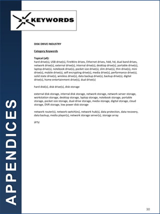 A
P
P
E
N
D
I
C
E
S
DISK DRIVE INDUSTRY
Category Keywords
Topical (all):
hard drive(s), USB drive(s), FireWire drives, Ethernet drives, hdd, hd, dual band drives,
network drive(s), external drive(s), internal drive(s), desktop drive(s), portable drive(s),
laptop drive(s), notebook drive(s), pocket size drive(s), slim drive(s), thin drive(s), mini
drive(s), mobile drive(s), self encrypting drive(s), media drive(s), performance drive(s),
solid state drive(s), wireless drive(s), data backup drive(s), backup drive(s), digital
drive(s), home entertainment drive(s), dual drive(s)
hard disk(s), disk drive(s), disk storage
external disk storage, internal disk storage, network storage, network server storage,
workstation storage, desktop storage, laptop storage, notebook storage, portable
storage, pocket size storage, dual-drive storage, media storage, digital storage, cloud
storage, DVR storage, low power disk storage
network router(s), network switch(es), network hub(s), data protection, data recovery,
data backup, media player(s), network storage server(s), storage array
IPTV
30
 