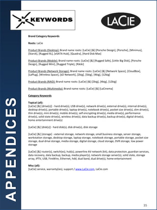 A
P
P
E
N
D
I
C
E
S
Brand Category Keywords
Roots: LaCie
Product Brands (Desktop): Brand name roots: [LaCie] [&] [Porsche Design], [Porsche], [Minimus],
[Starck], [Rugged XL], [eSATA Hub], [Quadra], [Hard Disk Max]
Product Brands (Mobile): Brand name roots: [LaCie] [&] [Rugged Safe], [Little Big Disk], [Porsche
Design], [Rugged Mini], [Rugged Triple], [Rikiki]
Product Brands (Network Storage): Brand name roots: [LaCie] [&] [Network Space], [CloudBox],
[LaPlug], [Wireless Space], [d2 Network], [2big], [5big], [4big], [12big]
Product Brands (RAID): Brand name roots: [LaCie] [&] [2big], [4big], [12big]
Product Brands (Multimedia): Brand name roots: [LaCie] [&] [LaCinema]
Category Keywords
Topical (all):
[LaCie] [&] [drive(s)] - hard drive(s), USB drive(s), network drive(s), external drive(s), internal drive(s),
desktop drive(s), portable drive(s), laptop drive(s), notebook drive(s), pocket size drive(s), slim drive(s),
thin drive(s), mini drive(s), mobile drive(s), self encrypting drive(s), media drive(s), performance
drive(s), solid state drive(s), wireless drive(s), data backup drive(s), backup drive(s), digital drive(s),
home entertainment drive(s)
[LaCie] [&] [disk(s)] - hard disk(s), disk drive(s), disk storage
[LaCie] [&] [storage] - external storage, network storage, small business storage, server storage,
workstation storage, desktop storage, laptop storage, notebook storage, portable storage, pocket size
storage, dual-drive storage, media storage, digital storage, cloud storage, DVR storage, low power
storage
[LaCie] [&] router(s), switch(es), hub(s), powerline AV network (kit), data protection, guardian services,
data recovery, data backup, backup, media player(s), network storage server(s), solid state, storage
array, IPTV, USB, FireWire, Ethernet, hdd, dual band, dual drive(s), home entertainment
Misc (all):
[LaCie] service, warranty(ies), support / www.LaCie.com, LaCie.com
35
 