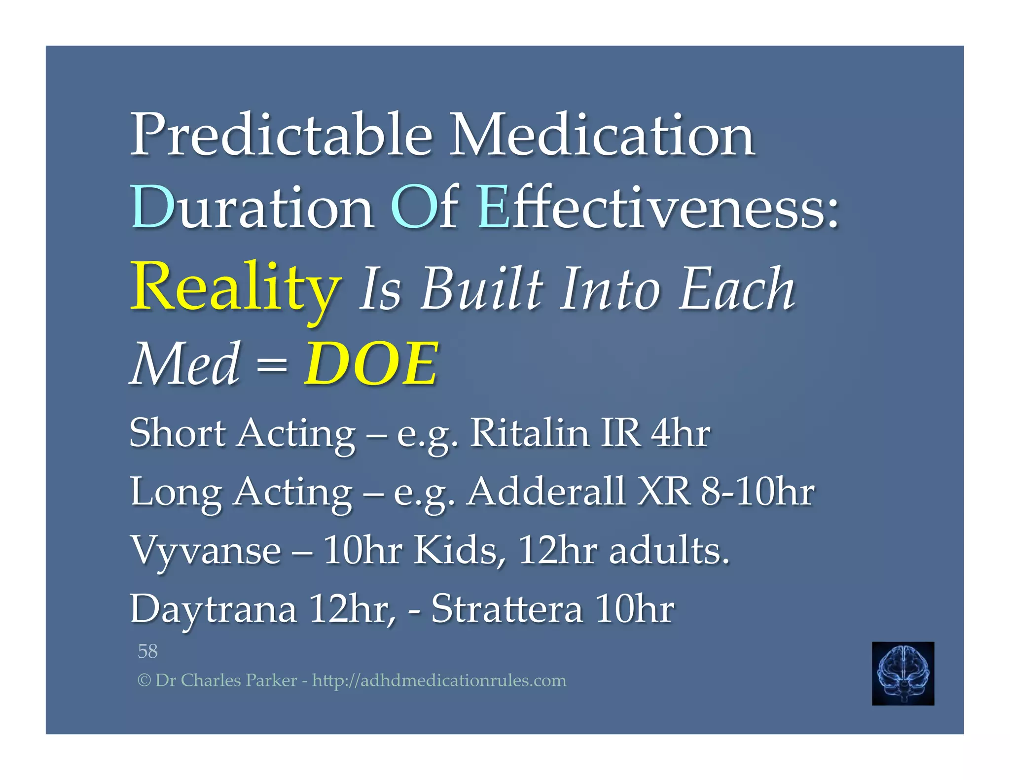Predictable  Medication  
Duration  Of  Eﬀectiveness:  
Reality  Is  Built  Into  Each  
Med  =  DOE	
Short  Acting  –  e.g.  Ritalin  IR  4hr	
Long  Acting  –  e.g.  Adderall  XR  8-­‐‑10hr	
Vyvanse  –  10hr  Kids,  12hr  adults.    	
Daytrana  12hr,  -­‐‑  Stra2era  10hr	
58	
©  Dr  Charles  Parker  -­‐‑  h2p://adhdmedicationrules.com	
 