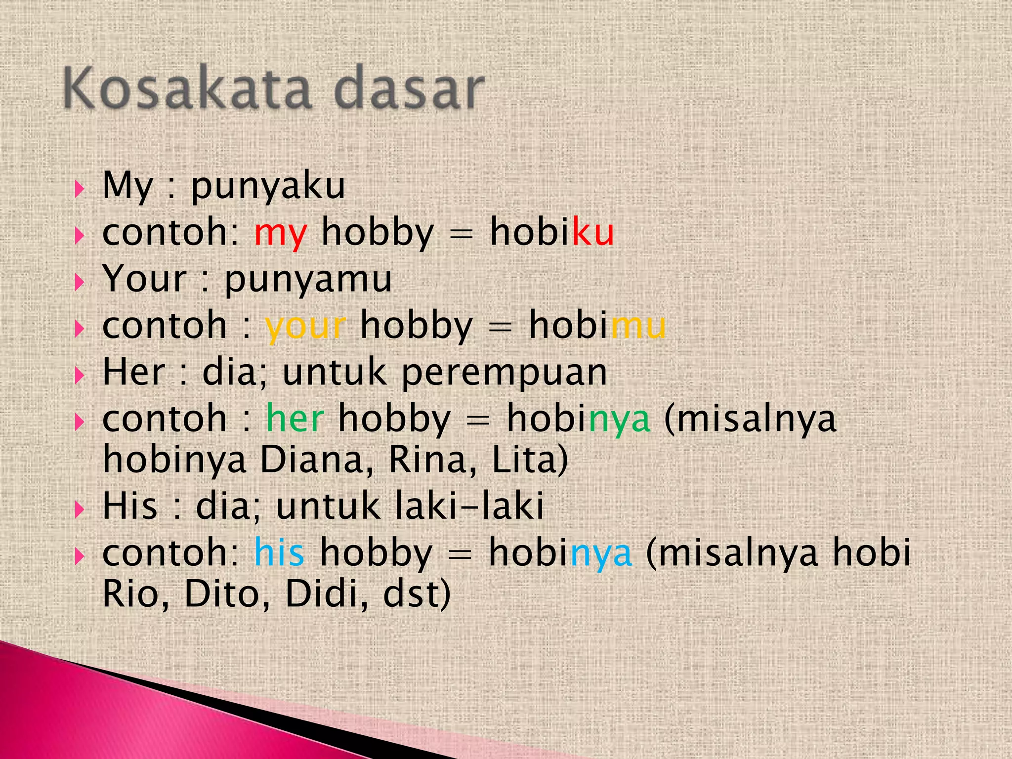    My : punyaku
   contoh: my hobby = hobiku
   Your : punyamu
   contoh : your hobby = hobimu
   Her : dia; untuk perempuan
   contoh : her hobby = hobinya (misalnya
    hobinya Diana, Rina, Lita)
   His : dia; untuk laki-laki
   contoh: his hobby = hobinya (misalnya hobi
    Rio, Dito, Didi, dst)
 