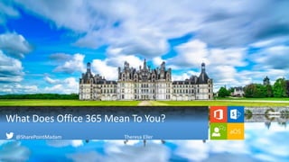 What Does Office 365 Mean To You?
@SharePointMadam Theresa Eller
 