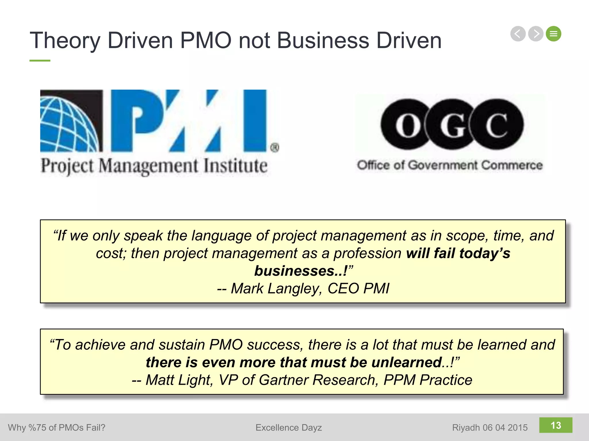 13
“If we only speak the language of project management as in scope, time, and
cost; then project management as a profession will fail today’s
businesses..!”
-- Mark Langley, CEO PMI
“To achieve and sustain PMO success, there is a lot that must be learned and
there is even more that must be unlearned..!”
-- Matt Light, VP of Gartner Research, PPM Practice