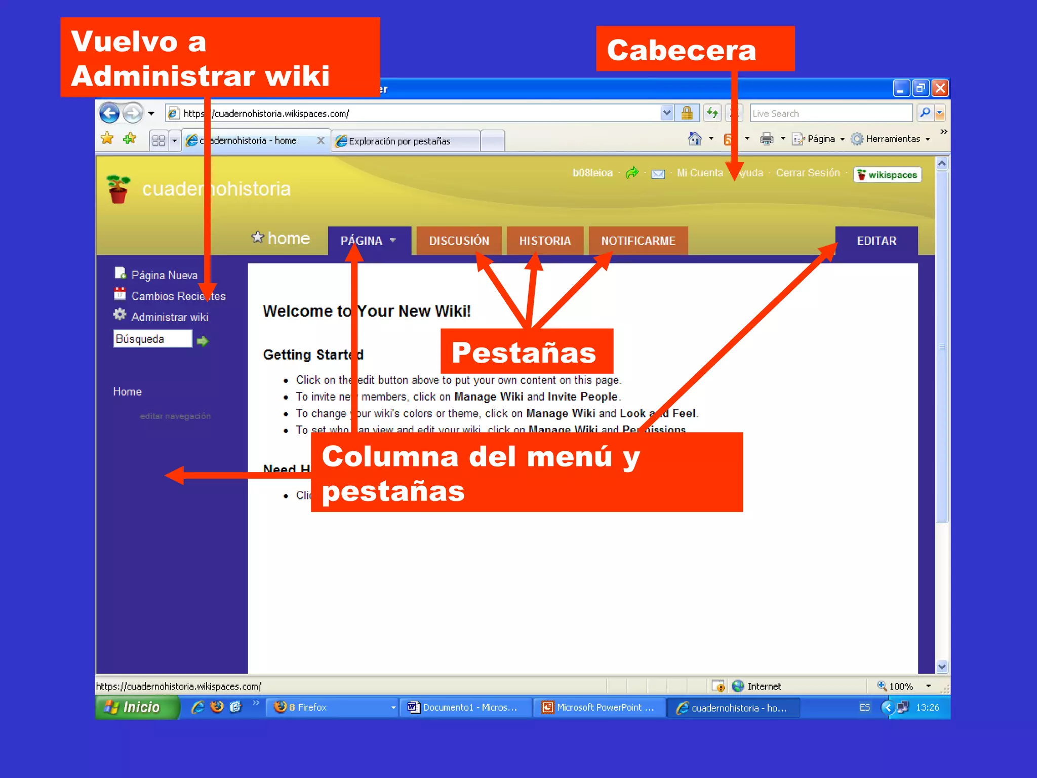 Cabecera Pestañas Columna del menú y pestañas Vuelvo a Administrar wiki 