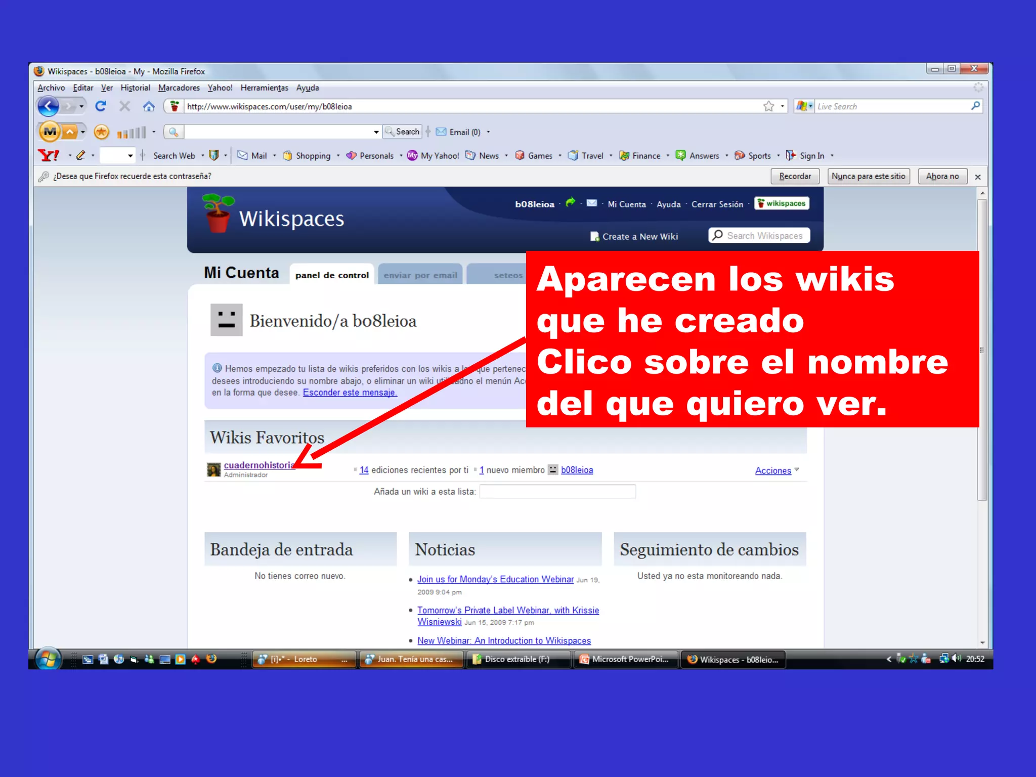 Aparecen los wikis que he creado Clico sobre el nombre del que quiero ver. 