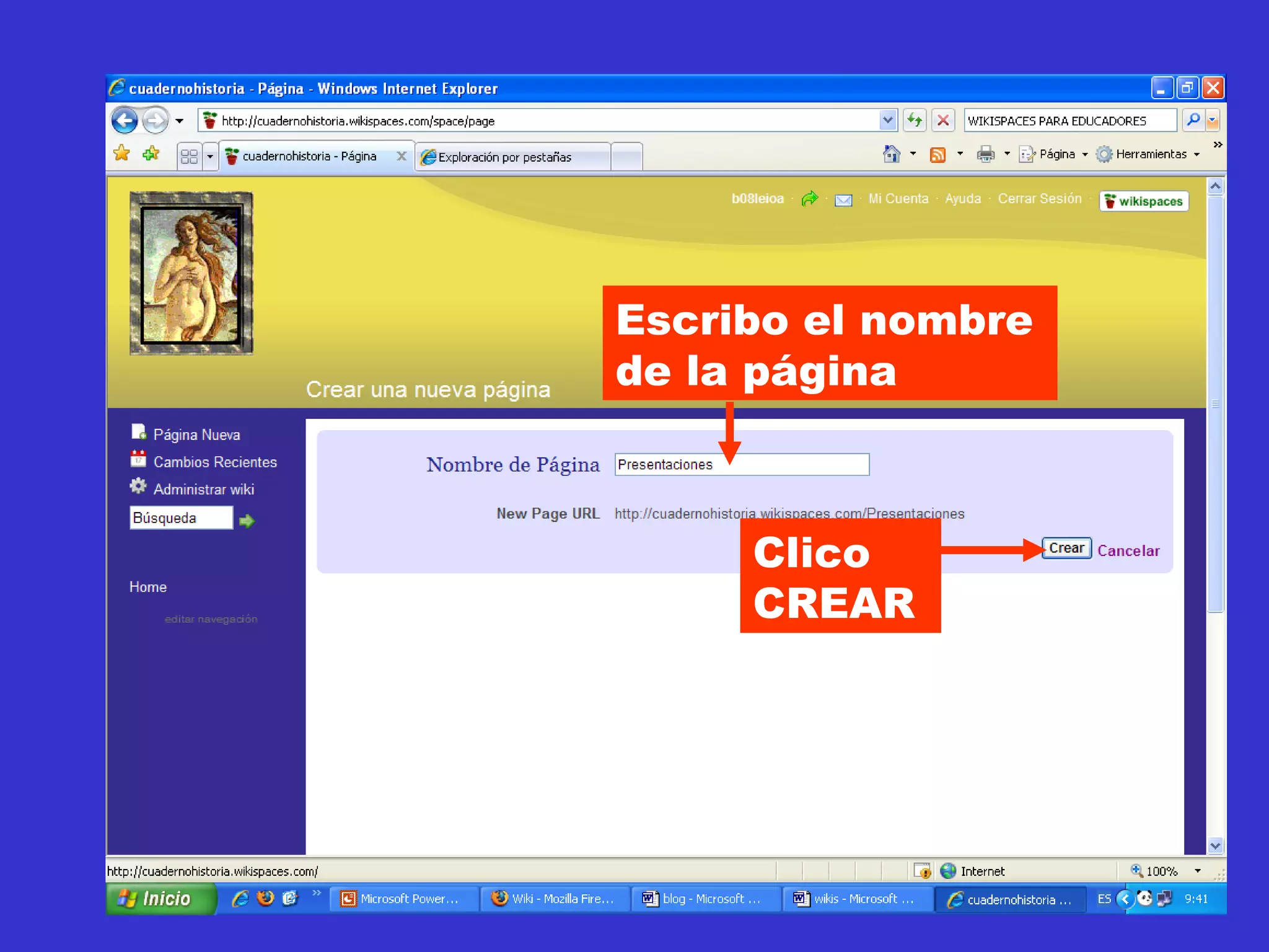 Escribo el nombre de la página Clico CREAR 
