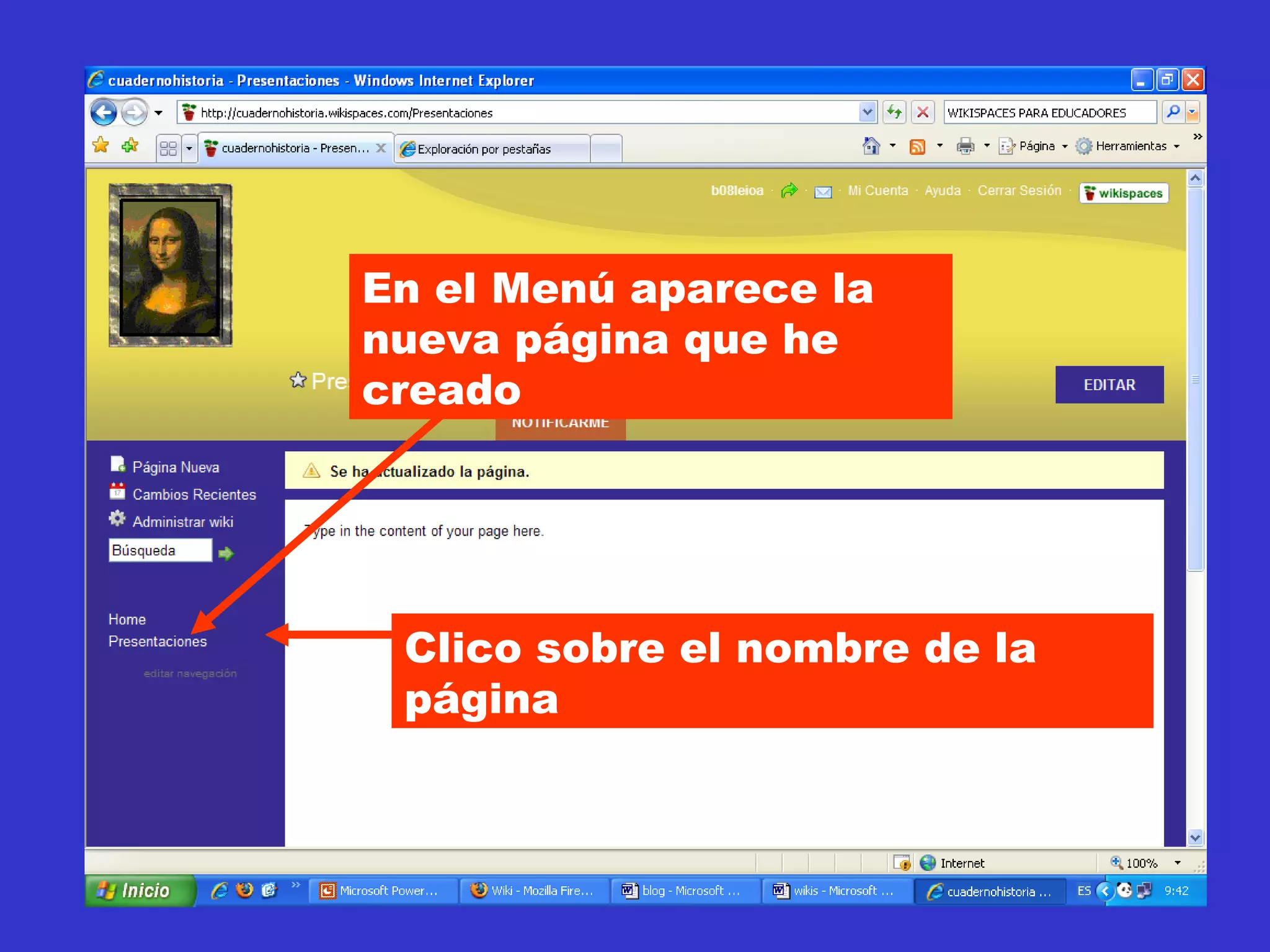 En el Menú aparece la nueva página que he creado Clico sobre el nombre de la página 