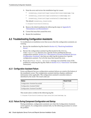 Troubleshooting Configuration Assistants
A-2 Oracle Application Server Forms and Reports Services Installation Guide
1. Note the error and review the installation logs for causes:
* inventory_locationlogsinstallActionstimestamp.log
* inventory_locationlogsoraInstalltimestamp.err
* inventory_locationlogsoraInstalltimestamp.out
The default inventory_location is:
C:Program FilesOracleInventory
2. Remove the failed installation by following the steps in Appendix B,
"Deinstallation and Reinstallation".
3. Correct the issue that caused the error.
4. Restart the installation.
A.3 Troubleshooting Configuration Assistants
To troubleshoot an installation error that occurs when the configuration assistants are
running:
■ Review the installation log files listed in Section A.2, "Resolving Installation
Errors".
■ Review the configuration assistant log files located in the ORACLE_
HOMEcfgtoollogs directory for a specific Forms and Reports Services
configuration assistant. Section A.4, "Descriptions of Forms and Reports Services
Configuration Assistants" also lists any other log file locations for a specific
configuration assistant. Try to fix the issue that caused the error.
■ If you see a Fatal Error. Reinstall message, try to find the cause of the
problem by analyzing the log files. Refer to Section A.3.3, "Fatal Errors" for further
instructions.
A.3.1 Configuration Assistant Failure
Forms and Reports Services configuration assistant failures are noted at the bottom of
the installation screen. The configuration assistant interface displays additional
information when applicable. The configuration assistant's execution status is
identified by the result. The result codes are:
This result code is written to the following log file:
C:Program FilesOracleInventorylogsinstallActionstimestamp.log
A.3.2 Failure During Component Configuration and Startup
During installation, configuration assistants run when the Configuration Assistants
screen appears. If a configuration assistant fails, try the following procedure to correct
the problem:
Status Result Code
Configuration Assistant Succeeded 0
Configuration Assistant Failed 1
Configuration Assistant Cancelled -1
 