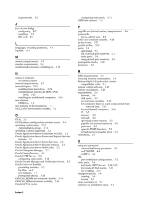 Index-2
requirements, 3-2
J
Java Access Bridge
configuring, E-2
installing, E-2
JRE 1.4.2, E-1
L
languages, installing additional, 4-1
log files, A-1
M
memory requirements, 3-3
monitor requirements, 3-4
multihomed computers, installing on, 3-16
N
names of instances
see instance names
network requirements, 3-2
network topics, 3-14
installing from hard drive, 3-24
installing from remote CD-ROM/DVD
drive, 3-25
installing on multihomed computers, 3-16
new element
ORBPorts, 1-2
new features in the installation, 1-1
NLS_LANG environment variable, 7-2
O
OC4J, 2-2
OC4J Instance configuration assistant errors, A-4
operating system users, 3-13
Administrators group, 3-13
operating systems supported, 3-2
Oracle Application Server Containers for J2EE, 2-2
Oracle Application Server Forms and Reports Services
features, 2-1
Oracle Application Server Forms Services, 2-2
Oracle Application Server Reports Services, 2-2
Oracle Application Server Web Cache, 2-2
Oracle Enterprise Manager, 2-2
Oracle Home directory, 4-1
Oracle HTTP Server, 2-2
configuring static ports, 3-11
Oracle Process Manager and Notification Server, 2-3
Oracle Universal Installer
generating statistics, 1-3
log files, A-1
new features, 1-1
prerequisite checks, 3-28
ORACLE_HOME environment variable, 3-14
ORACLE_SID environment variable, 3-14
OracleAS Web Cache
configuring static ports, 3-11
ORBPorts element, 1-2
P
pagefile size (virtual memory) requirement, 3-4
passwords
for ias_admin user, 4-2
PATH environment variable, 3-14
pcAnywhere, 3-27
portlist.ini file, 3-10
ports, 3-6
ephemeral, 3-6
list of default port numbers, C-1
static ports, 3-8
using default port numbers, 3-8
prerequisite checks, 3-28
processor, 3-2
R
RAM requirements, 3-3
reducing memory consumption, 3-4
Release 10g (9.0.4) and earlier version
compatibility with, 9-1
remote control software, 3-27
remote installations, 3-25
requirements, 3-4
browser, 3-4
disk space, 3-3
environment variables, 3-13
for computers that you want to disconnect from
network later, 3-17
for multihomed computers, 3-16
IP, 3-2
memory, 3-3
network, 3-2
operating system version, 3-2
pagefile size (virtual memory), 3-4
processor, 3-2
space in TEMP directory, 3-3
virtual memory (pagefile size), 3-4
restrictions, 2-1
S
setup.exe command
-executeSysPrereqs parameter, 3-1
on CD-ROM, 4-4
on DVD, 4-4
SSL
post-installation configuration, 7-2
static ports, 3-8
for Oracle HTTP Server, 3-11, 3-12
for OracleAS Web Cache, 3-11
not working, 3-11
staticports.ini file, 3-8
creating, 3-9
format, 3-9
steps, summary of, 5-1
summary of installation steps, 5-1
 