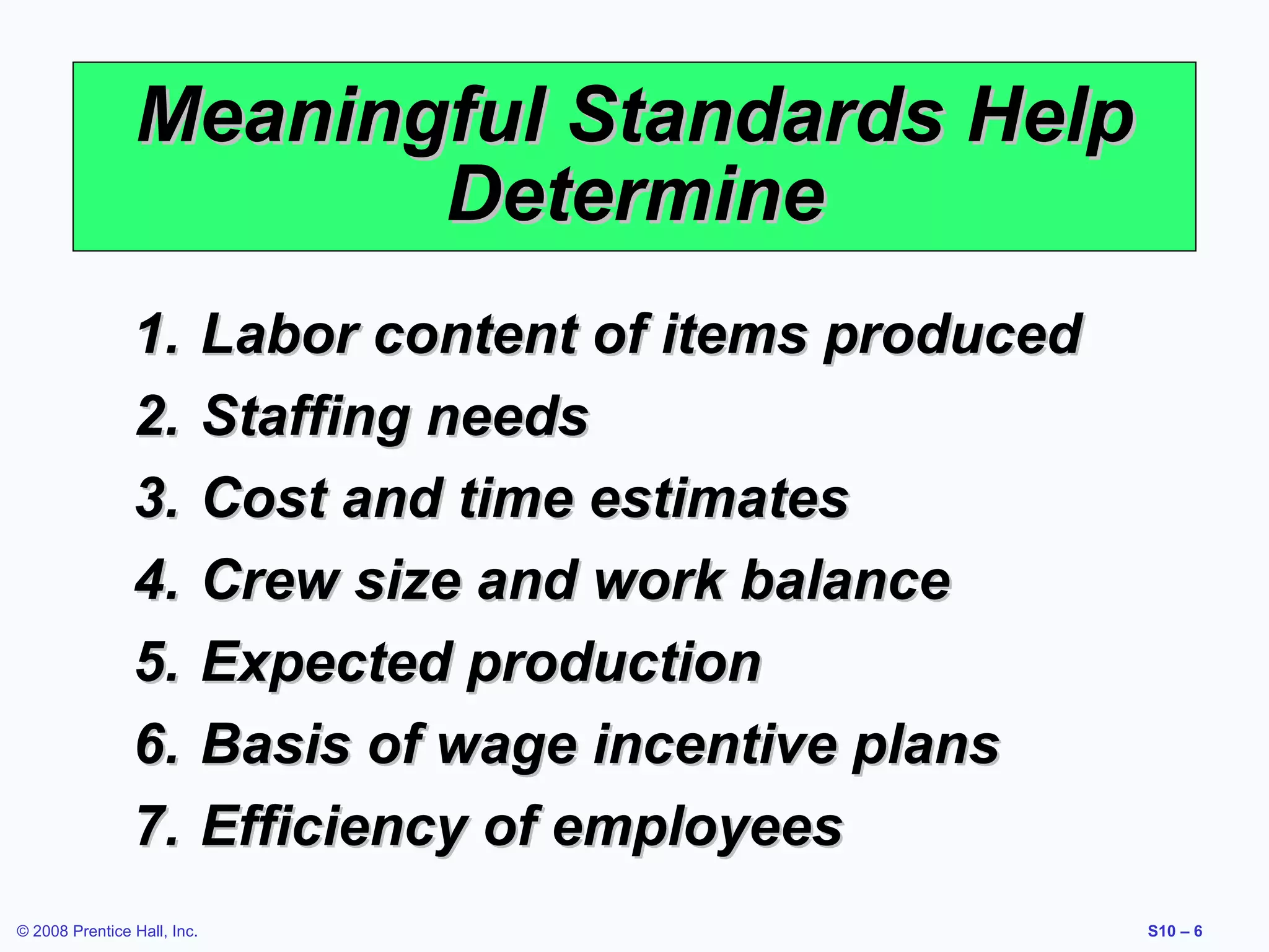 Meaningful Standards Help
Determine
1.
2.
3.
4.
5.
6.
7.
© 2008 Prentice Hall, Inc.

Labor content of items produced
Staffing needs
Cost and time estimates
Crew size and work balance
Expected production
Basis of wage incentive plans
Efficiency of employees
S10 – 6

 