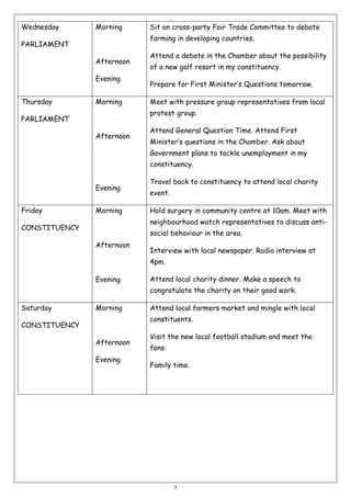 Wednesday

Morning

farming in developing countries.

PARLIAMENT
Afternoon
Evening
Thursday

Sit on cross-party Fair Trade Committee to debate

Morning

Attend a debate in the Chamber about the possibility
of a new golf resort in my constituency.
Prepare for First Minister’s Questions tomorrow.
Meet with pressure group representatives from local
protest group.

PARLIAMENT
Afternoon

Attend General Question Time. Attend First
Minister’s questions in the Chamber. Ask about
Government plans to tackle unemployment in my
constituency.

Evening
Friday

Morning

Travel back to constituency to attend local charity
event.
Hold surgery in community centre at 10am. Meet with
neighbourhood watch representatives to discuss anti-

CONSTITUENCY

social behaviour in the area.
Afternoon

Interview with local newspaper. Radio interview at
4pm.

Evening

Attend local charity dinner. Make a speech to
congratulate the charity on their good work.

Saturday

Morning

Attend local farmers market and mingle with local
constituents.

CONSTITUENCY
Afternoon
Evening

Visit the new local football stadium and meet the
fans.
Family time.

3

 