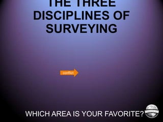 THE THREE
DISCIPLINES OF
SURVEYING

conflict

WHICH AREA IS YOUR FAVORITE?

 