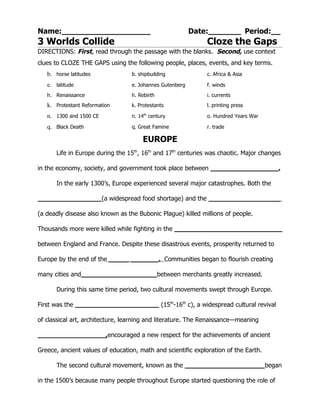 3 Worlds Collide Cloze