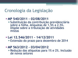 Cronologia da Legislação
 MP 540/2011 – 02/08/2011
  Substituição da contribuição previdenciária
   sobre a folha. Alíquotas de 1,5% a 2,5%.
   Dispõe sobre a tributação de atividades
   mistas

 Lei 12.546/2011 – 14/12/2011
  Extensão do prazo para dezembro de 2014

 MP 563/2012 – 03/04/2012
  Redução das alíquotas para 1% e 2%. Inclusão
   de novos setores
 