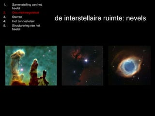 1. Samenstelling van het 
heelal 
2. Ons melkwegstelsel 
3. Sterren 
4. Het zonnestelsel 
5. Structurering van het 
heelal 
de interstellaire ruimte: nevels 
 