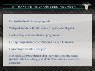 Deutschlandweite Austragungsorte
Preisgeld-Gewinne für die besten 5 Segler jeder Regatta
Hochwertige exklusive Rahmenprogramme
Geringer organisatorischer Aufwand für den Einzelnen
Großer Spaß für alle Beteiligten
Hohe mediale Präsentation über individuelle Bootsdesigns
(individuelle Bootsdesigns sind für Unternehmen steuerlich
absetzbar)
ATTRAKTIVE TEILNAHMEBEDINGUNGEN
 