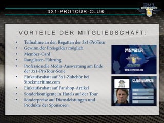 3X1-PROTOUR-CLUB
V O R T E I L E D E R M I T G L I E D S C H A F T:
•! Teilnahme an den Regatten der 3x1-ProTour
•! Gewinn der Preisgelder möglich
•! Member-Card
•! Ranglisten-Führung
•! Professionelle Media-Auswertung am Ende
der 3x1-ProTour-Serie
•! Einkaufsrabatt auf 3x1-Zubehör bei
Stockmaritime.com
•! Einkaufsrabatt auf Fanshop-Artikel
•! Sonderkontigente in Hotels auf der Tour
•! Sonderpreise auf Dienstleistungen und
Produkte der Sponsoren
www.3x1protour.com
!"!#"$
 