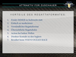 1.! Findet IMMER in Sichtweite statt
2.! Einfach zu moderieren
3.! Verständliches Regattaformat
4.! Übersichtliche Regattabahn
5.! Action bei hohen Wellen
6.! Direkter Kontakt zu den Seglern
7.! Bewährt beim VOLVO OCEAN RACE
ATTRAKTIV FÜR ZUSCHAUER
V O R T E I L E D E S R E G A T T A F O R M A T E S :
 