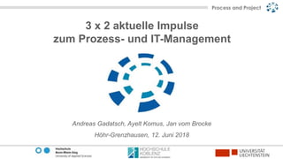 3 x 2 aktuelle Impulse
zum Prozess- und IT-Management
Andreas Gadatsch, Ayelt Komus, Jan vom Brocke
Höhr-Grenzhausen, 12. Juni 2018
 