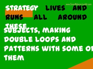 www.CesarMalacon.tumblr.com

Strategy lives and
runs all around
these
subjects, making
double loops and
patterns with some of
them
 