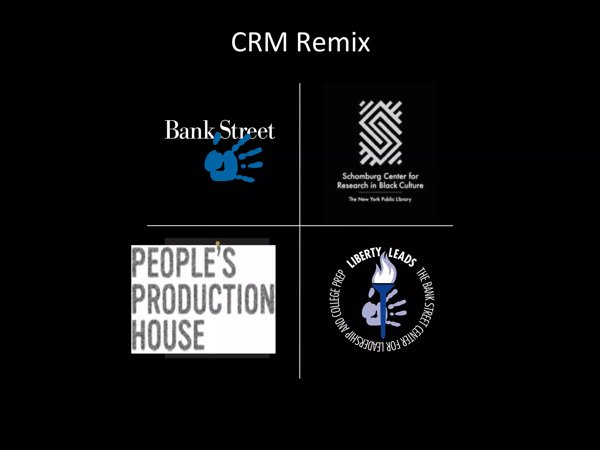 CRM$Remix$




                          RTY LEADS
                     L IBE




                                      THE
          COLLEGE PREP




                                          BANK STREET C
      AND
                    NTE




                                                       E
                       R FOR LEADERSHIP
 