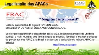 Surpreenda-se...
Finalmente começou a revolução.
Cada APAC é filiada da FBAC FRATERNIDADE
BRASILEIRA DE ASSISTÊNCIA AOS CONDENADOS.
Este órgão cooperador e fiscalizador das APACs, reconhecidamente de utilidade
pública a nível mundial, que tem a função de orientar, fiscalizar e manter a unidade
de propósitos das APAC’s no Brasil e assessora a aplicação do método APAC no
exterior.
http://www.fbac.org.br
www.grupoapacbrasil.org.br
 
