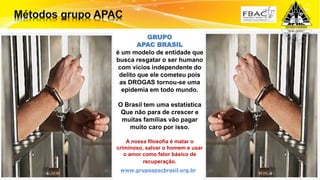 Surpreenda-se...
Finalmente começou a revolução.
GRUPO
APAC BRASIL
é um modelo de entidade que
busca resgatar o ser humano
com vícios independente do
delito que ele cometeu pois
as DROGAS tornou-se uma
epidemia em todo mundo.
O Brasil tem uma estatística
Que não para de crescer e
muitas famílias vão pagar
muito caro por isso.
A nossa filosofia é matar o
criminoso, salvar o homem e usar
o amor como fator básico de
recuperação.
www.grupoapacbrasil.org.br
 