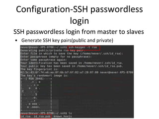 Configuration-SSH passwordless
login
SSH passwordless login from master to slaves
• Generate SSH key pairs(public and private)
 