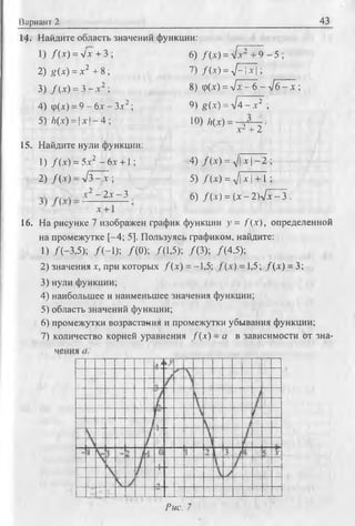 Вариант 2
Ц . Найдите область значений функции:
43
1) /(х ) = л/х + 3;
2) g(x) =х 2 + 8 ;
3) /(* ) = 3 - х 2 ;
4) ф(х) = 9 - 6х - Зх2;
5) /?(х) = | х | - 4 ;
15. Найдите нули функции:
1) / (х) = 5х2 - 6х +1;
2) /(х ) = л/З - х ;
6) /(х ) = л/х2 + 9 - 5 ;
7) / ( х ) = л / - | х | ;
8) ф(х) = л/л 6-л/б^ х ;
9) g(x) = л/4 - х2 ;
10) А(х) =
х2 + 2
х - 2х - 3
х + 1
4) /(х ) = VI х | - 2 ;
5) /(х ) = ylx + l ■
6) / (х) = (х - 2)л/х - 3 .
16. На рисунке 7 изображен график функции >’= /(х ), определенной
на промежутке [-4; 5]. Пользуясь графиком, найдите:
1) /(-3,5); /(-1 ); /(0); /(1,5); /(3); /(4,5);
2) значения х, при которых /(х ) = —1,5; /(х) = 1,5; /(х ) = 3;
3 ) нули функции;
4) наибольшее и наименьшее значения функции;
5) область значений функции;
6) промежутки возрастания и промежутки убывания функции;
7) количество корней уравнения /(х ) - а в зависимости от зна­
ние. 7
 
