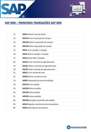 SAP MM – PRINCIPAIS TRANSAÇÕES SAP MM
/ALMEIDAFELIPE88
21 ME01 Manter lista de fontes
22 ME51N Criar requisição de compra
23 ME52N Alterar requisição de compra
24 ME53N Exibir requisição de compra
25 ME41 Criar cotação / cotação
26 ME42 Alterar cotação / cotação
27 ME43 Exibir RFQ / Cotação
28. ME31L Criar contrato de agendamento
29 ME32L Alterar contrato de agendamento
30 ME33L Exibir contrato de agendamento
31 MEQ1 Criar acordo de cota
32. MEQ2 Alterar acordo de cota
33 MEQ3 Disposição da cota de exibição
34 ME21N Criar pedido
35 ME22N Alterar pedido
36. ME23N Exibir pedido
37. ME29N Liberar pedido
38. ME59N Geração automática de pedido
39. MIGO Registrar movimento de mercadorias
40. MB1A Retirada de mercadorias
 