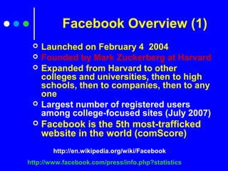Facebook Overview (1)
 Launched on February 4 2004
 Founded by Mark Zuckerberg at Harvard
 Expanded from Harvard to other
colleges and universities, then to high
schools, then to companies, then to any
one
 Largest number of registered users
among college-focused sites (July 2007)
 Facebook is the 5th most-trafficked
website in the world (comScore)
http://en.wikipedia.org/wiki/Facebook
http://www.facebook.com/press/info.php?statistics
 