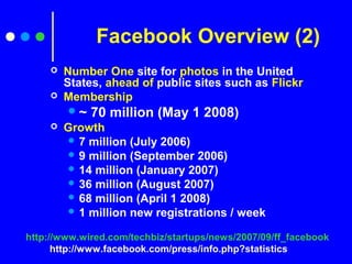 Facebook Overview (2)
 Number One site for photos in the United
States, ahead of public sites such as Flickr
 Membership
~ 70 million (May 1 2008)
 Growth
 7 million (July 2006)
 9 million (September 2006)
 14 million (January 2007)
 36 million (August 2007)
 68 million (April 1 2008)
 1 million new registrations / week
http://www.wired.com/techbiz/startups/news/2007/09/ff_facebook
http://www.facebook.com/press/info.php?statistics
 