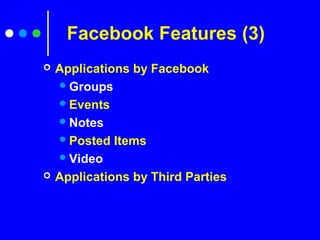  Applications by Facebook
Groups
Events
Notes
Posted Items
Video
 Applications by Third Parties
Facebook Features (3)
 